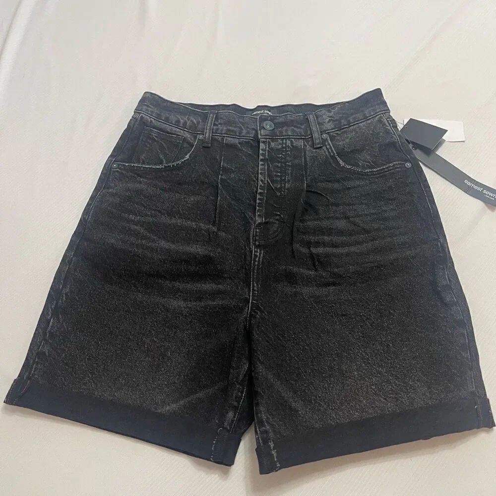 NWT EARNEST SEWN Hi Rise Pleat Connie Kaio Black Denim Shorts Size 29 NEW
